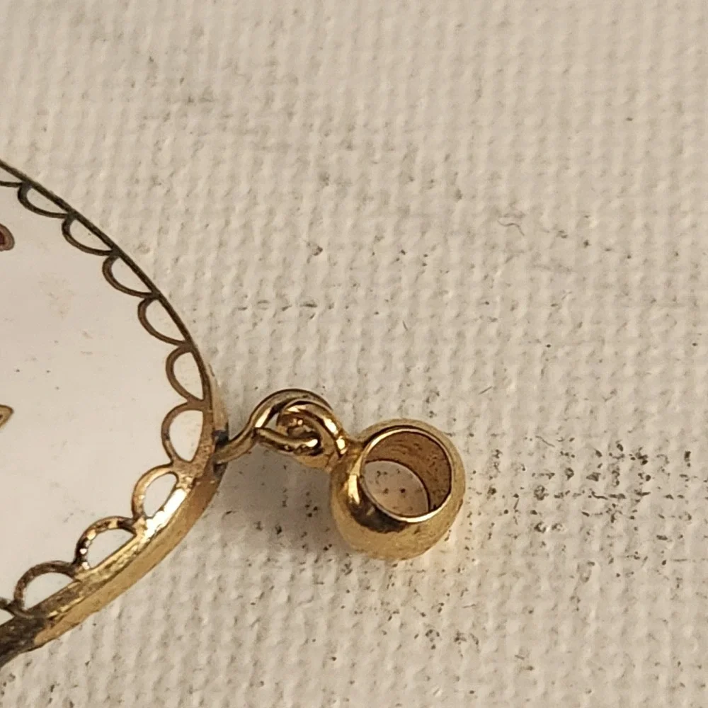 Vintage Cloisonne Enamel‎ Egg Pendant White Orange Floral Lily Gold Tone Charm